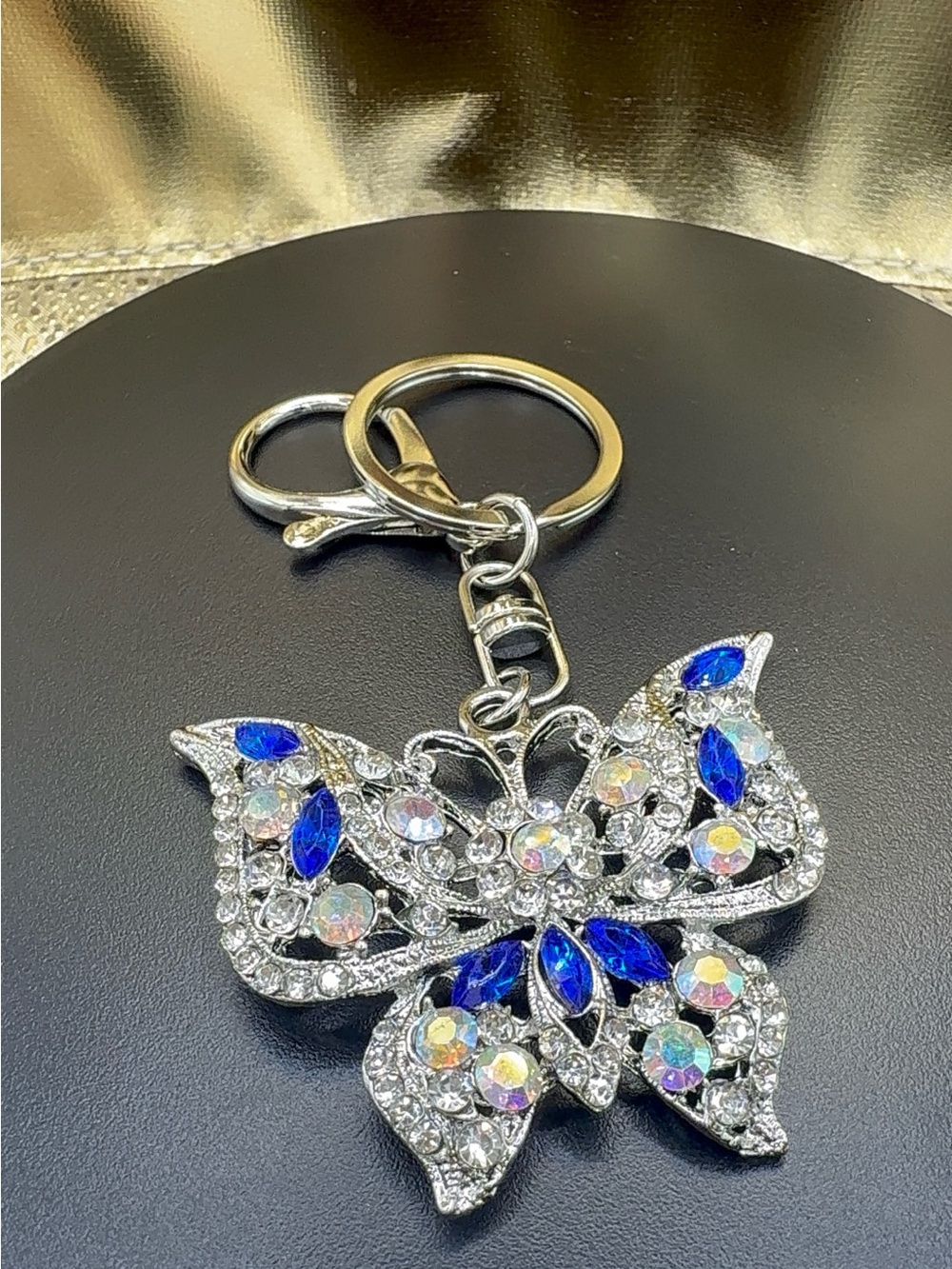 Silver Butterfly Keychain with Blue and Iridescent Crystals